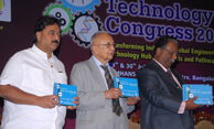 National President of Indian Institution of Production Engineers Dr. Wooday P. Krishna at the Indian Technology Congress, Bengaluru, 2015.  Also seen are former Pro-Vice Chancellor, Vellore Institute of Technology Dr. B. V. A. Rao and Vice-Chancellor, Visvesvaraya Technological University Dr. H. Maheshappa.