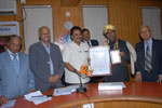Dr. Wooday P. Krishna, Chairman, The Institution of Engineers (India), Karnataka State Centre, felicitating Er. Ashok Kumar Basa, President, IEI, on 1-2-2014. L-R: Prof. M. P. Chowdiah, Past President, IEI;  Dr. L. V. Muralikrishna Reddy, National Vice-President, IEI; Dr.P. Vijaykumar, Secretary, IEI, KSC; Dr. Ing. B.V.A. Rao, Chairman, National Design & Research Forum of IEI.